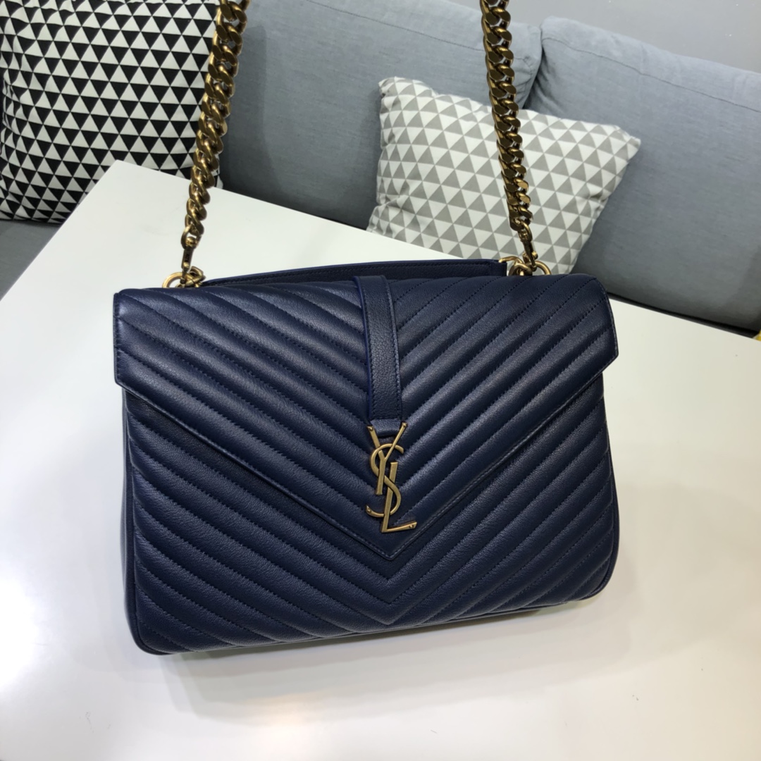 Saint Laurent Lambskin College Handbag Shoulder Bag Navy Blue 392738 Gold